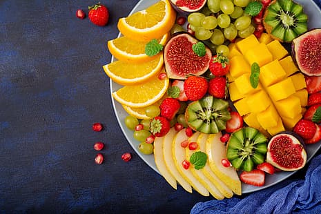 Beeren, Orange, bunt, Kiwi, Erdbeere, Trauben, Sommer, Obst, Mango, frisch, Holz, süß, Früchte, tropisch, HD-Hintergrundbild HD wallpaper