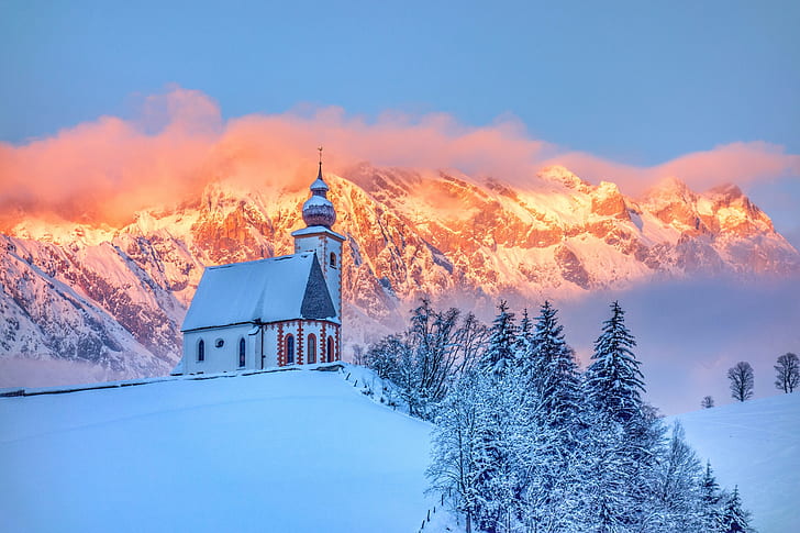 зима, лес, снег, горы, холм, церковь, часовня, HD обои