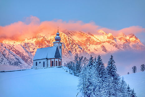 الشتاء ، الغابة ، الثلج ، الجبال ، التل ، الكنيسة ، الكنيسة الصغيرة، خلفية HD HD wallpaper