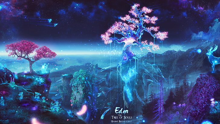 Illustrazione dell'albero dell'Eden, foto di fiori di ciliegio rosa, alberi, spazio, galassia, anime, sakura (albero), cervo, farfalla, uccelli, fantasy art, Eden, arte digitale, natura, cielo, ciano, Sfondo HD