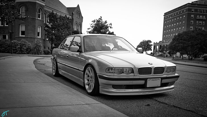 gråskalefoto av BMW sedan, BMW, bmw E38, bil, svartvitt, silverbilar, urban, fordon, HD tapet