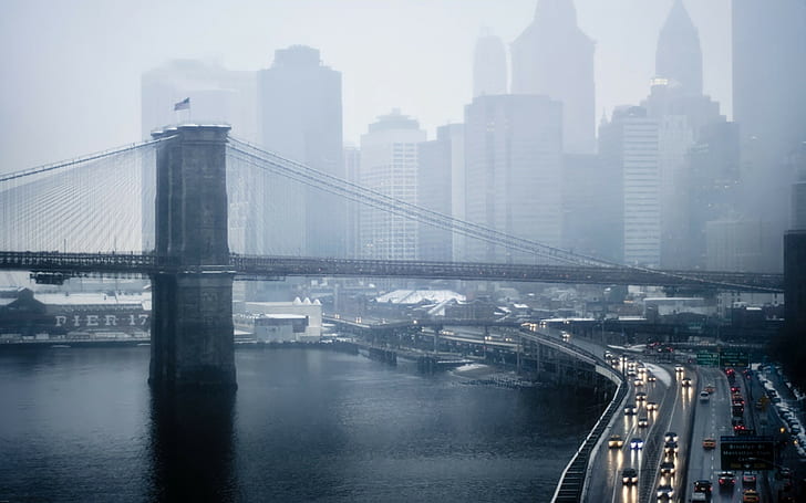 нью-йорк, фоны моста, туман, дождь, HD обои