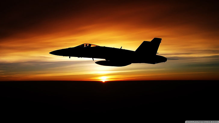 foto silhouette jet, militare, calabrone McDonnell Douglas F / A-18, crepuscolo, aereo militare, Sfondo HD
