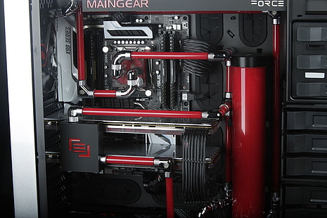 เมนบอร์ดคอมพิวเตอร์สีดำและสีแดงคอมพิวเตอร์เกมพีซีเทคโนโลยีระบบระบายความร้อนด้วยน้ำ, วอลล์เปเปอร์ HD HD wallpaper
