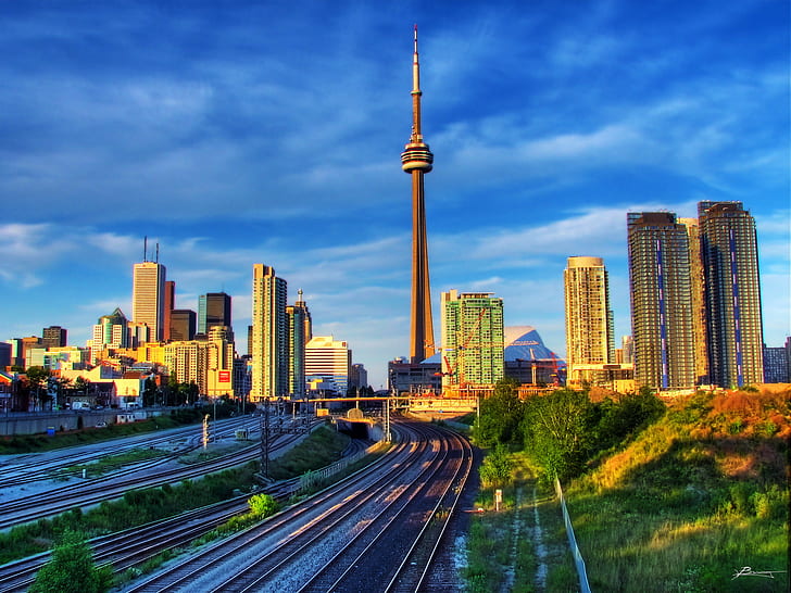 time-lapse photography of train railway near high rise buildings under white sky, evening, time-lapse photography, train, railway, high rise buildings, white sky, toronto, skyline, outdoors, rails, railways, clouds, sunset, view, dex, flickr, flicker, flikr, flick, collection, colours, colour, colors, color, pages, photoshop, google, yahoo, msn, beauty, beautiful, brilliant, sensational, amazing, best, top, hot, photography, photograph, photos, photo, exposure, pics, pix, pic, images, image, screen,savers, clip,art, thumbnails, thumb, digital  graphics, citytv, cityscape, urban Skyline, architecture, skyscraper, urban Scene, downtown District, famous Place, night, tower, city, built Structure, dusk, building Exterior, HD wallpaper