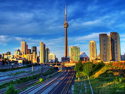 time-lapse photography of train railway near high rise buildings under white sky, evening, time-lapse photography, train, railway, high rise buildings, white sky, toronto, skyline, outdoors, rails, railways, clouds, sunset, view, dex, flickr, flicker, flikr, flick, collection, colours, colour, colors, color, pages, photoshop, google, yahoo, msn, beauty, beautiful, brilliant, sensational, amazing, best, top, hot, photography, photograph, photos, photo, exposure, pics, pix, pic, images, image, screen,savers, clip,art, thumbnails, thumb, digital  graphics, citytv, cityscape, urban Skyline, architecture, skyscraper, urban Scene, downtown District, famous Place, night, tower, city, built Structure, dusk, building Exterior, HD wallpaper HD wallpaper