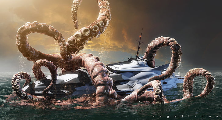 Kraken وورق جدران القارب الأبيض ، القارب ، الأخطبوط ، العملاق ، نوتيلوس الجديد، خلفية HD
