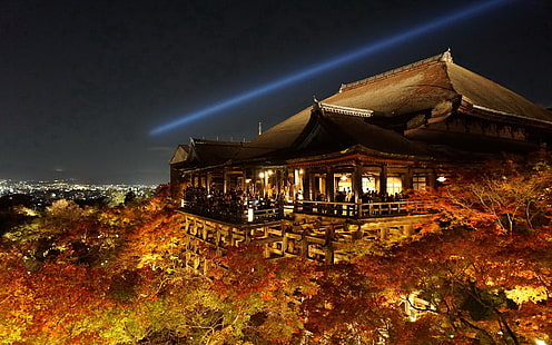 Киото, храм, ночь, деревья, Киёмидзу Дера, HD обои HD wallpaper
