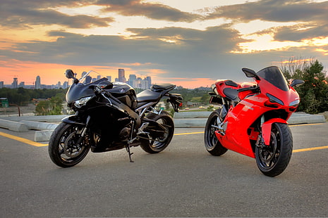 dwa czerwono-czarne rowery sportowe, czerwony, czarny, motocykle, rower, Honda, Ducati, 1098, cbr1000rr, sibiar, Tapety HD HD wallpaper