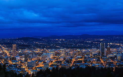 都市、ポートランド、オレゴン、都市景観、街の明かり、地平線、丘、 HDデスクトップの壁紙 HD wallpaper