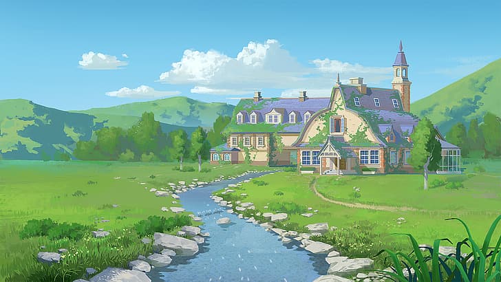 Pixel Cat, fantasy art, digital art, river, cottage, hills, grass, HD wallpaper