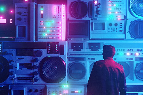  Music, Background, Male, Art, 80s, Neon, Rendering, Illustration, 80's, Synth, Retrowave, Synthwave, New Retro Wave, Futuresynth, Sintav, Retrouve, Outrun, by Beeple, Beeple, Tape recorders, REBUILD PHASE, PHASE, REBUILD.PHASE, HD wallpaper HD wallpaper
