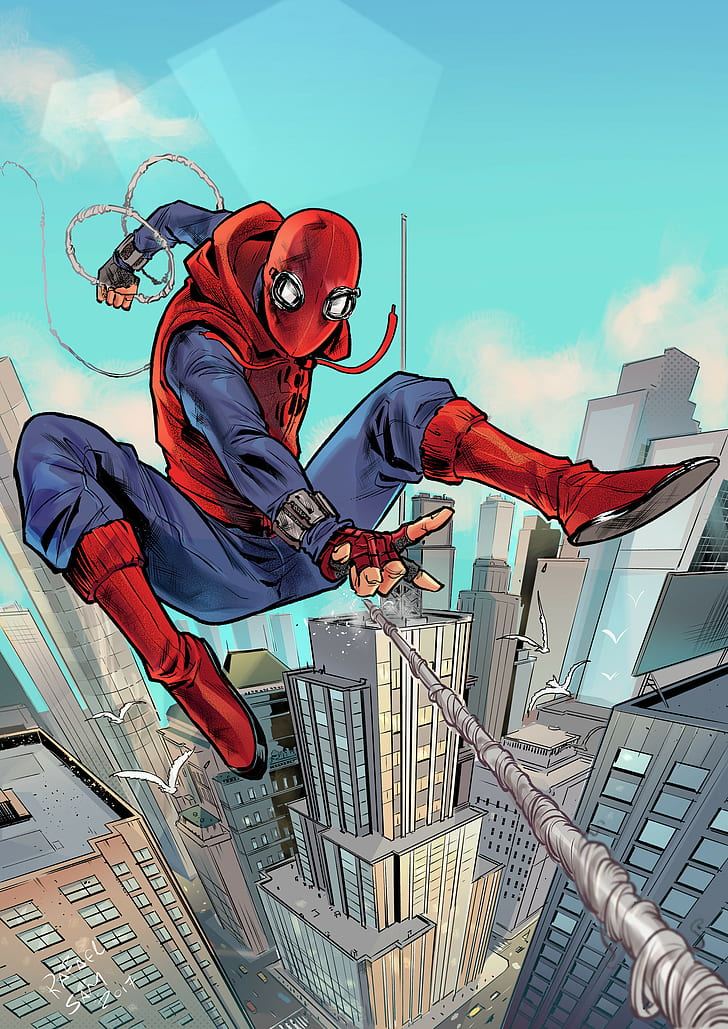 Rafael Sam, illustration, Marvel Comics, Spider-Man, Spider-Man Homecoming (Movie), hood, boots, city, building, Spider-Man: Homecoming, Spider-Man: Homecoming (2017), HD wallpaper