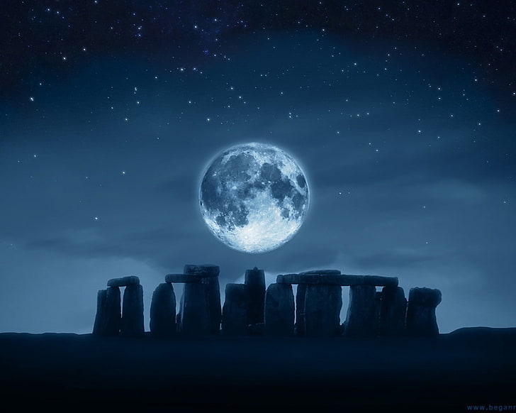 Stonehenge, digital art, Moon, HD wallpaper