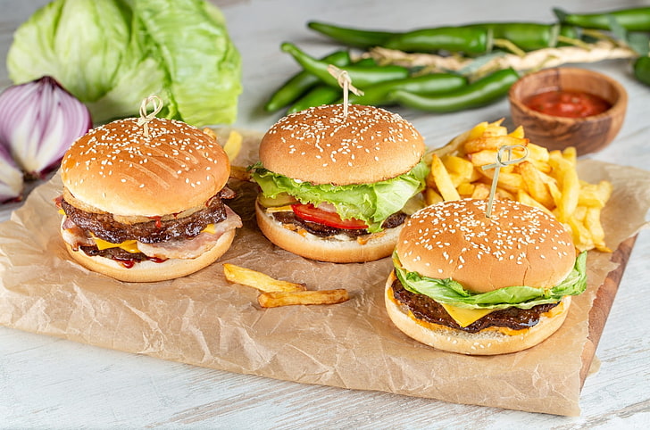 Makanan, Burger, Kentang Goreng, Still Life, Wallpaper HD