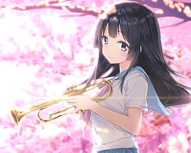 hibike euphonium, kousaka reina, cheveux noirs, instrument, fleur de sakura, Anime, Fond d'écran HD HD wallpaper