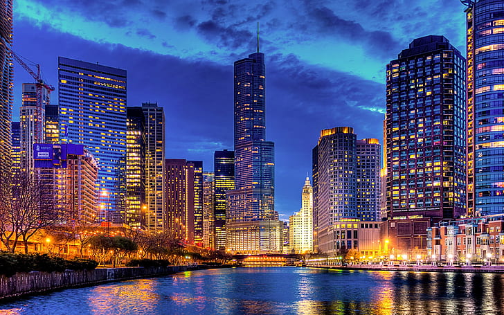 Chicago, Illinois, USA, miasto nocą, wieżowiec, budynki, rzeka, światła, Chicago, Illinois, USA, miasto, noc, wieżowiec, budynki, rzeka, światła, Tapety HD