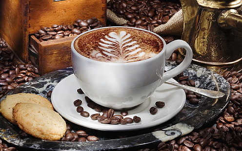 En kopp cappuccino, tefat, spannmål, kex, kopp, cappuccino, kaffe, tefat, spannmål, kex, HD tapet HD wallpaper