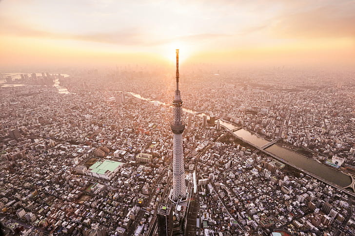сива и кафява кула, заобиколена от сгради въздушна фотография, сива, кафява, кула, сгради, въздушна фотография, токио, 日本, канон, градски изглед, 東京, градски пейзаж, градски Skyline, архитектура, небостъргач, град, градска сцена, въздушен изглед, известно място , квартал в центъра, залез, небе, HD тапет