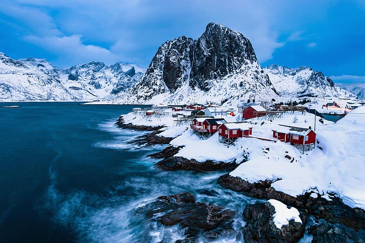 winter, snow, mountains, home, village, Norway, the fjord, The Lofoten Islands, Lofoten, Hamnøy, Vestfjorden, The vest fjord, HD wallpaper