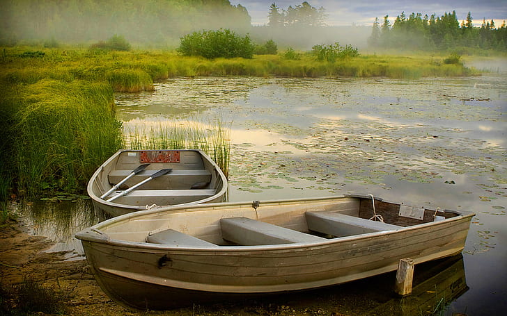 Lake Boats Reed In Misty Morning Background Hd Quality Desktop Wallpaper 524842.jpg, HD wallpaper