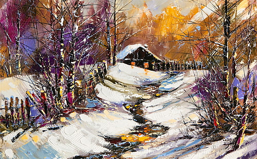 Pittura a olio, casa coperta di neve, artistico, disegni, pittura, Sfondo HD HD wallpaper