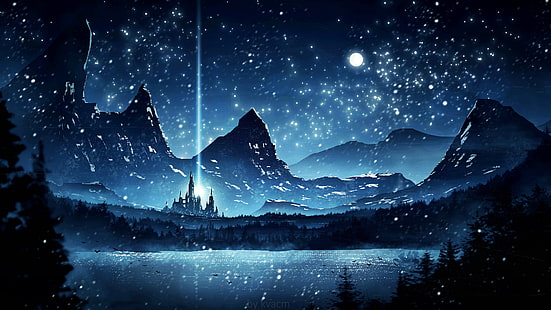 Fantasy, Landscape, Beam, Lake, Mountain, Nature, Night, HD wallpaper HD wallpaper