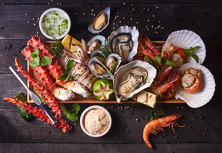 Fisch, Limette, Garnelen, Meeresfrüchte, Schnitte, Austern, HD-Hintergrundbild HD wallpaper