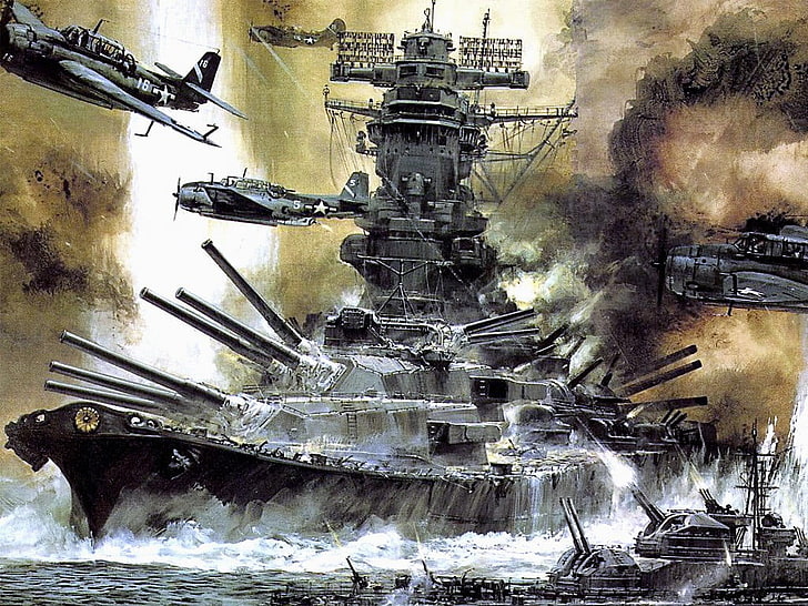 slagskeppsillustration, andra världskriget, Yamato, slagskepp, krig, skepp, militär, konstverk, HD tapet