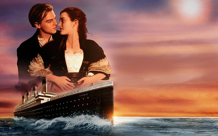 Титаник, влюбена двойка, Титаник, Леонардо Ди Каприо, Кейт Уинслет, двойка, Любов, залез, кораб, HD тапет