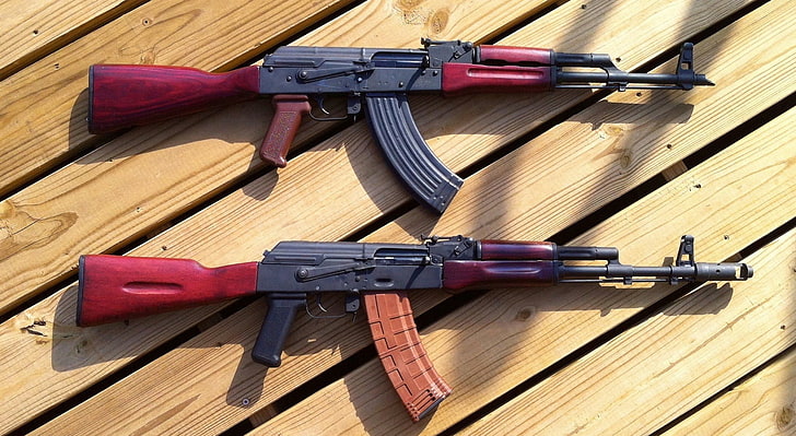 two brow-and-black AK-47's, weapons, machine, Kalashnikov, Kalash, AK-47, AKM, HD wallpaper
