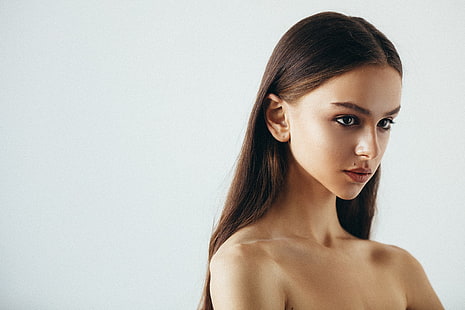 Aleksey Trifonov, simple background, women, model, face, bare shoulders, long hair, portrait, HD wallpaper HD wallpaper