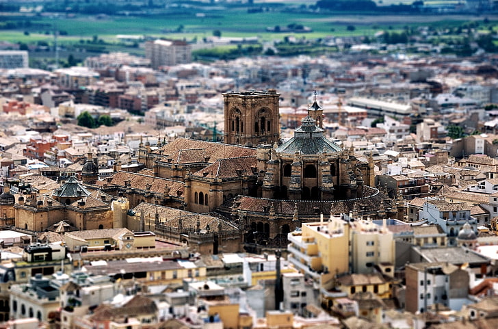 brown cathedral, city, tilt shift, Granada, Spain, HD wallpaper