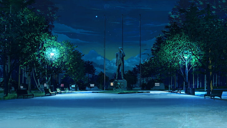 мужчина держит лицо статуя, звездная ночь, скамейка, вечное лето, облака, ArseniXC, статуя, HD обои