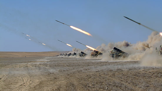 Naiza, MRL, multiple rocket launcher, artillery, Kazakhstan Armed Forces, desert, firing, HD wallpaper HD wallpaper