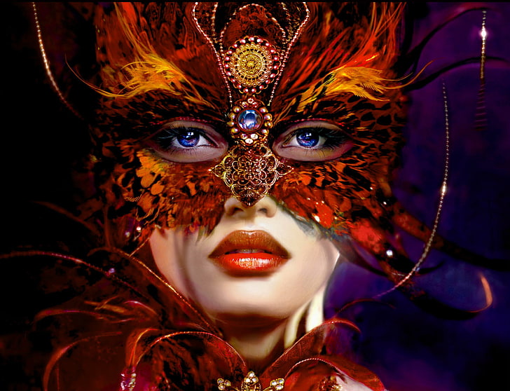 orange und schwarze Feder Maskerade Maske, Dekoration, Mädchen, Maske, Federn blaue Augen, HD-Hintergrundbild