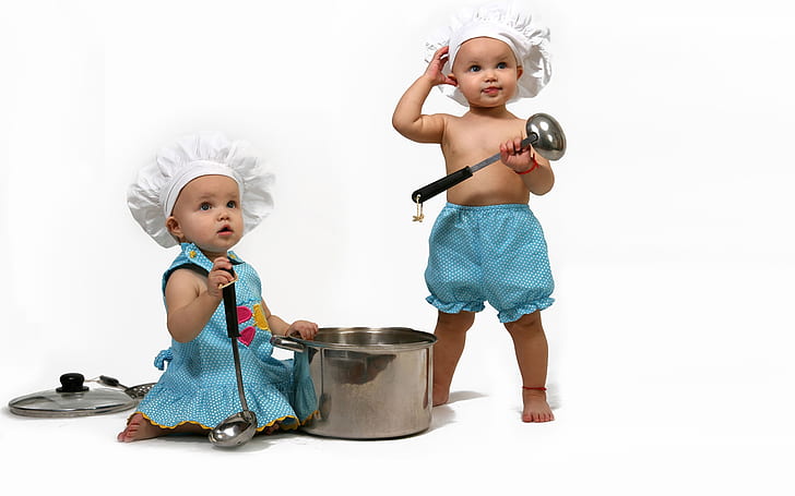 Baby Cook, toddler's blue dress and white hat chef outfit, funny, children, HD wallpaper
