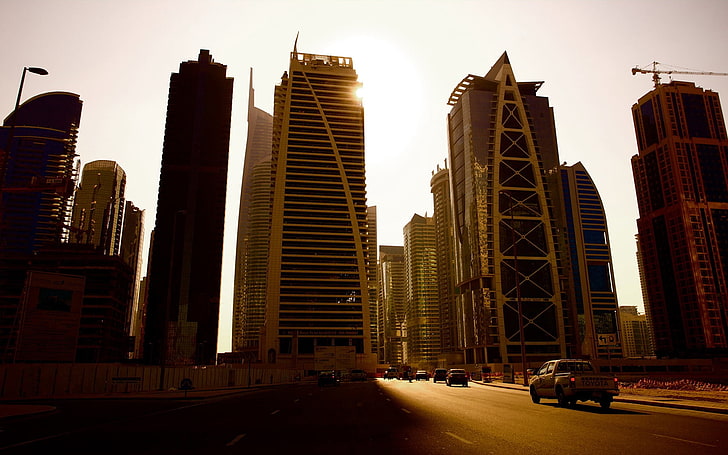 високи сгради в близост до път, Дубай, небостъргачи, кули, къщи, ОАЕ, HD тапет