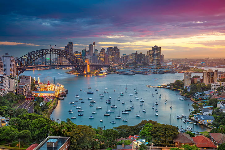 the sky, trees, sunset, bridge, lights, home, yachts, boats, the evening, Australia, Bay, Sydney, Harbour Bridge, HD wallpaper