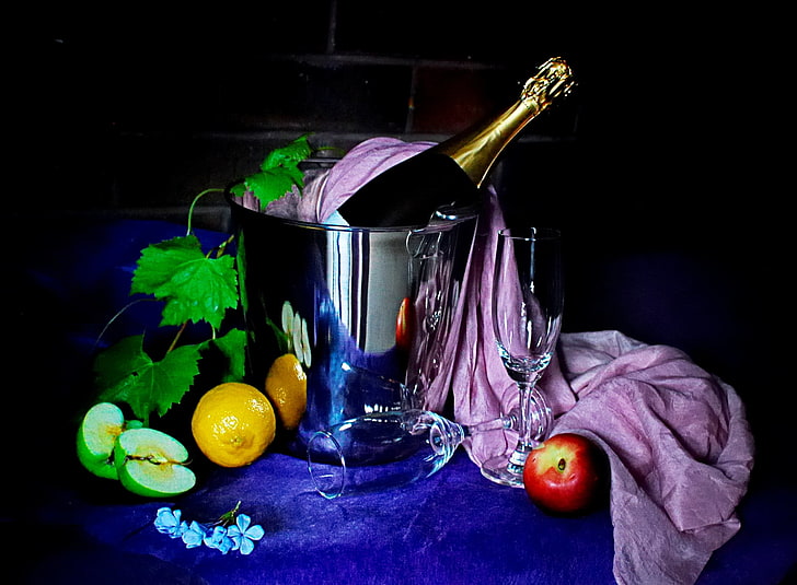 champagne bottle on gray stainless steel bucket wallpaper, leaves, flowers, lemon, apples, fruit, champagne, tablecloth, the dark background, glasses, bucket, HD wallpaper