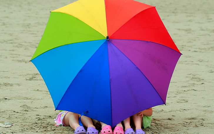 multicolored umbrella, mood, children, child, girl, legs, shoes, beach, summer, nature, umbrella, color, HD wallpaper