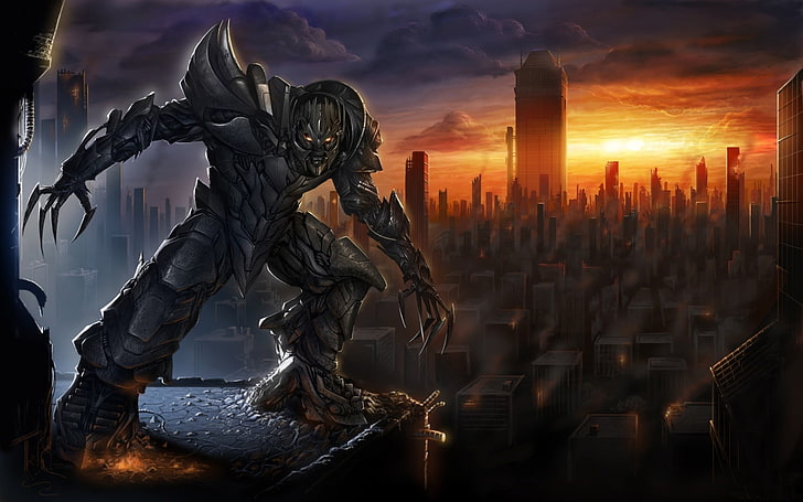monster on top of structure artwork, Transformers, Megatron, HD wallpaper