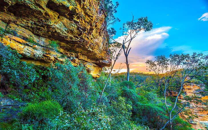 ブルーマウンテン国立公園、オーストラリア、岩、木、空、雲、日没、ブルー、山、国立、公園、オーストラリア、岩、木、空、雲、日没、 HDデスクトップの壁紙