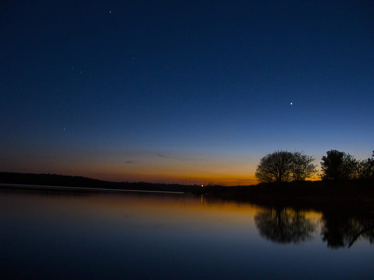 silhouette of trees near on body of water during nighttime, orion, venus, setting, silhouette, trees, body of water, nighttime, sunset, glass, shiny, lake, sky  blue, blue  orange, canon, g9, reflection, twilight, spring, nature, landscape, sky, water, tree, scenics, outdoors, tranquil Scene, dusk, blue, HD wallpaper
