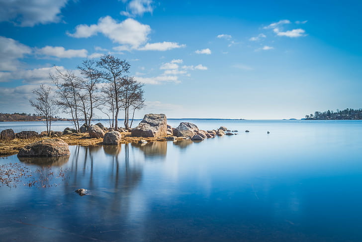 panoramic photography of calm water, Spring, panoramic photography, calm, water, kotka, finland, sea, blue, outdoor, serene, nature, lake, landscape, reflection, scenics, sky, outdoors, HD wallpaper