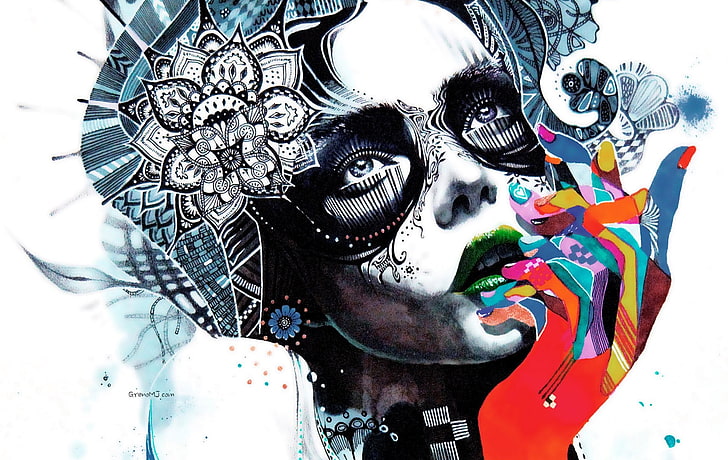 Minjae Lee, karya seni, wajah, penuh warna, Wallpaper HD