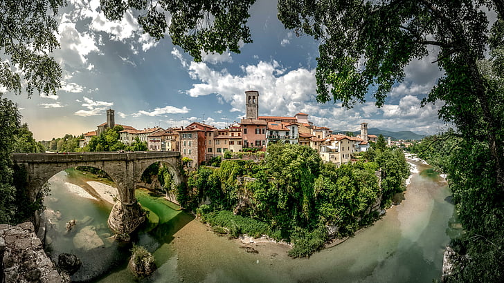 Фриули, Италия, Cividale del Friuli, градски пейзаж, Европа, 5k uhd, 5k, каменен мост, град, река, туристическа атракция, мост, пейзаж, дърво, HD тапет