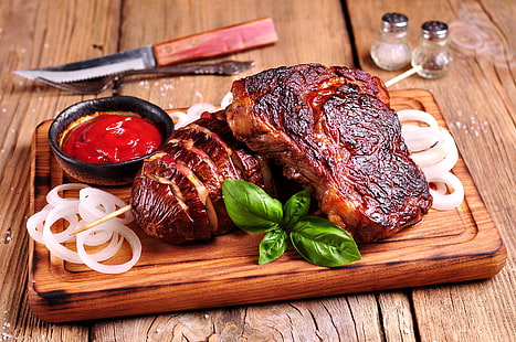 arc, viande, sauce, steak, basilic, Fond d'écran HD HD wallpaper