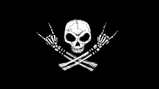 cráneo dedos huesos rock and roll cráneo y huesos fondo negro, Fondo de pantalla HD HD wallpaper