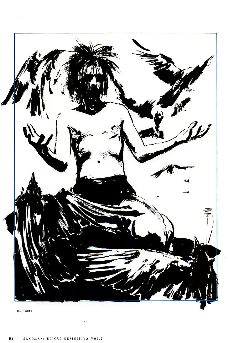 Sandman, Neil Gaiman, Morpheus, Dream (character), drawing, monochrome, birds, HD wallpaper